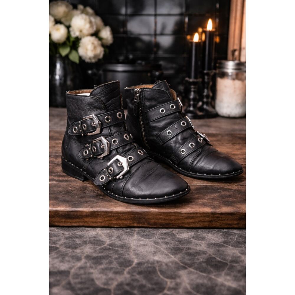 Sol Sana Black Leather Multi Buckle Ankle Boots Studded Moto Goth Western EU 37